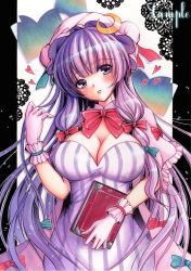 Rule 34 | 1girl, adapted costume, blue ribbon, book, bow, bowtie, breasts, cleavage, collarbone, colored pencil (medium), crescent, crescent hair ornament, dress, gloves, hair ornament, hat, hat ribbon, head tilt, heart, highres, large breasts, light smile, long hair, looking at viewer, marker (medium), mii@chiffonx, parted lips, patchouli knowledge, purple dress, purple eyes, purple hair, red ribbon, ribbon, sample watermark, solo, striped clothes, striped dress, touhou, traditional media, upper body, vertical-striped clothes, vertical-striped dress, watermark