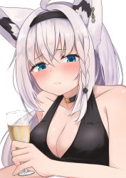 Rule 34 | 1girl, absurdres, ahoge, animal ear fluff, animal ears, black choker, black dress, blush, braid, breasts, choker, cleavage, commentary request, cup, dress, drinking glass, earrings, fox ears, fox girl, frown, green eyes, hair between eyes, hairband, highres, holding, holding cup, hololive, jewelry, long hair, looking at viewer, medium breasts, micon, shirakami fubuki, sidelocks, simple background, single braid, sleeveless, sleeveless dress, solo, virtual youtuber, white background, white hair, wine glass
