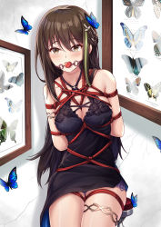 Rule 34 | 1girl, armlet, ball gag, bare shoulders, bdsm, black dress, blush, bondage, bound, breasts, brown eyes, brown hair, bug, butterfly, character request, cleavage, commentary request, dress, framed insect, gag, girls&#039; frontline, hair between eyes, hair ornament, halter dress, halterneck, highres, indoors, insect, long hair, looking at viewer, m4a1 (suspender of time) (girls&#039; frontline), medium breasts, official alternate costume, restrained, saliva, sidelocks, sitting, solo, thigh strap, wall, wiffle gag, yiduan zhu
