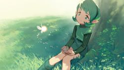 Rule 34 | 1girl, artist request, belt, black belt, black hairband, blanco026, blue eyes, boots, commentary request, dress, fairy, grass, green dress, green footwear, green hair, green skirt, green sweater, hairband, highres, holding, instrument, light smile, long sleeves, nintendo, ocarina, outdoors, pinafore dress, pointy ears, ribbed sweater, saria (zelda), short hair, sitting, skirt, sleeveless dress, smile, sweater, the legend of zelda, the legend of zelda: ocarina of time, tree