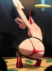 Rule 34 | 1girl, arms up, black eyes, black hair, black thighhighs, breasts, commentary, dimples of venus, english commentary, franny robinson, from behind, hair bun, hair ribbon, high heels, highres, looking back, medium breasts, meet the robinsons, panties, pasties, red panties, ribbon, shoulder blades, single hair bun, smile, solo, squatting, thehumancopier, thighhighs, underwear