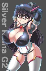 Rule 34 | 1girl, black hair, breasts, cleavage, covered erect nipples, hat, huge breasts, long hair, mask, naniwadou, red eyes, shiny skin, solo