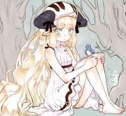 Rule 34 | 1girl, aged down, arknights, bare shoulders, bird, blonde hair, blue eyes, blush, closed mouth, demon horns, dress, highres, horns, long hair, nightingale (arknights), pointy ears, sitting, sleeveless, solo, tsukimori koto, turtleneck, very long hair
