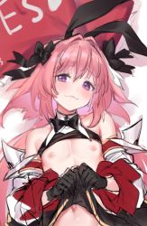 Rule 34 | 1boy, astolfo (fate), astolfo (saber) (fate), bare pectorals, black bow, black bowtie, black gloves, black ribbon, blush, bow, bowtie, clothes lift, commentary request, crossdressing, detached sleeves, fate/grand order, fate (series), gloves, hair bow, hair intakes, layered skirt, lifting own clothes, looking at viewer, low twintails, lying, male focus, multicolored hair, navel, nipples, on back, on bed, pectorals, pillow, pink eyes, pink hair, ribbon, sketch, skirt, skirt lift, solo, streaked hair, trap, twintails, white hair, wing collar, yaguo, yes, yes-no pillow