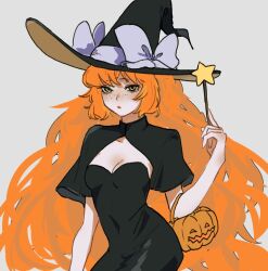 Rule 34 | 1girl, black capelet, black dress, blush, breasts, capelet, cowboy shot, dress, freckles, green eyes, hat, holding, holding wand, ishmael (project moon), jack-o&#039;-lantern, limbus company, long hair, looking at viewer, medium breasts, moth ram, open mouth, orange hair, project moon, sidelocks, simple background, solo, strapless, strapless dress, very long hair, wand, white background, witch hat