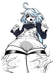 Rule 34 | 1girl, absurdres, ahoge, blue hair, blush, frilled sleeves, frills, furina (genshin impact), genshin impact, highres, long sleeves, open mouth, short shorts, shorts, simple background, solo, sweat, sweatdrop, thick thighs, thigh grab, thigh strap, thighs, uncolorcube, white background