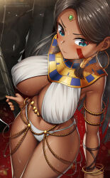 Rule 34 | 1girl, absurdres, aqua eyes, arms at sides, belly chain, black hair, blush, breasts, closed mouth, cosplay, dark-skinned female, dark skin, earrings, facial mark, fate/grand order, fate (series), forehead jewel, from above, groin, highres, hoop earrings, ishizu ishtar, jewelry, large breasts, long hair, looking to the side, navel, nipples, nitocris (fate), nude, shiny skin, solo, stomach, sweat, thigh gap, thighs, type-dog, very long hair, watermark, web address, yu-gi-oh!, yu-gi-oh! duel monsters