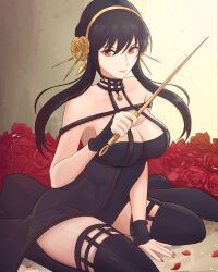 Rule 34 | 1girl, black dress, black gloves, black hair, black thighhighs, breasts, cleavage, commentary request, covered navel, dagger, dress, earrings, fingerless gloves, floating hair, flower, gloves, gold hairband, hair flower, hair ornament, hairband, highres, holding, holding dagger, holding knife, holding weapon, jewelry, knife, large breasts, long hair, looking at viewer, necklace, petals, red eyes, red flower, red rose, rose, rose petals, sidelocks, sitting, solo, spikes, spy x family, taut clothes, taut dress, thighhighs, truejekart, weapon, yor briar