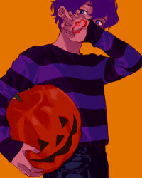 Rule 34 | 1boy, black pants, carrying, carrying under arm, commentary request, covering own mouth, cowboy shot, food, half-closed eyes, hand over own mouth, hand up, holding, holding food, holding pumpkin, holding vegetable, jack-o&#039; ran-tan, long sleeves, looking at viewer, male focus, napoli no otokotachi, orange background, pants, pumpkin, purple eyes, purple hair, purple sweater, short hair, simple background, solo, striped clothes, striped sweater, sweater, vegetable, writing on hand, yoshino (540desu)