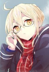 Rule 34 | 1girl, adjusting eyewear, ahoge, artoria pendragon (all), artoria pendragon (fate), black-framed eyewear, blonde hair, braid, closed mouth, coat, duffel coat, expressionless, fate/grand order, fate (series), french braid, glasses, grey background, hair between eyes, hand up, looking at viewer, mysterious heroine x alter (fate), mysterious heroine x alter (first ascension) (fate), open clothes, open coat, plaid, plaid scarf, red scarf, saber (fate), scarf, semi-rimless eyewear, short hair with long locks, sidelocks, simple background, solo, tomozero, under-rim eyewear, upper body, yellow eyes