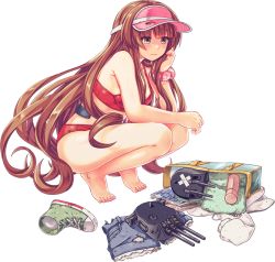 Rule 34 | 1girl, acea4, adapted turret, bag, bikini, blunt bangs, breasts, brown hair, burnt clothes, cannon, cleavage, full body, green eyes, grey shorts, hat, helena (kancolle), hood, hooded jacket, hoodie, jacket, kantai collection, long hair, medium breasts, nail polish, official art, pink hat, red bikini, red footwear, shoes, shorts, single shoe, sneakers, solo, squatting, swimsuit, third-party source, transparent background, turret, unworn clothes, unworn shoes, visor cap, white jacket
