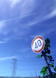 Rule 34 | commentary, contrail, day, highres, karanagi, no humans, original, outdoors, plant, road sign, scenery, sign, sky, transmission tower