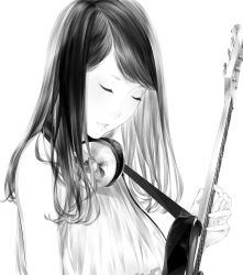 Rule 34 | 1girl, bare arms, bare shoulders, bass guitar, blouse, breasts, closed mouth, electric guitar, eyelashes, closed eyes, fingernails, from side, greyscale, guitar, headphones, headphones around neck, highres, instrument, lips, long hair, medium breasts, monochrome, music, original, playing instrument, shirt, simple background, sleeveless, solo, sousou (sousouworks), upper body, white background, wire