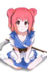 Rule 34 | 1girl, blush, breasts, disco brando, hair bobbles, hair ornament, hand on thigh, japanese clothes, kimono, looking at viewer, md5 mismatch, onozuk, onozuka komachi, red eyes, red hair, resolution mismatch, scythe, self-upload, short hair, simple background, sitting, socks, solo, source larger, touhou, wariza