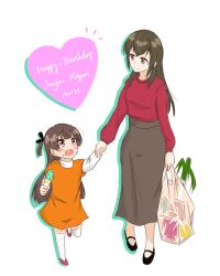 2girls :d aged_down bag blunt_bangs blush blush_stickers brown_hair brown_skirt character_name closed_mouth commentary_request dated dress flawedblue food full_body happy_birthday heart holding holding_bag holding_food holding_hands holding_ice_cream ice_cream juujou_hiyori juujou_kagari long_hair long_sleeves looking_at_another mary_janes mint_chocolate mother_and_daughter multiple_girls open_mouth orange_dress red_eyes red_sweater shirt shoes shopping_bag simple_background skirt smile standing sweater thighhighs toji_no_miko white_background white_shirt white_thighhighs