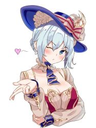 Rule 34 | 1girl, atelier (series), blowing kiss, blue eyes, blue hair, blue hat, blue neckwear, blush, bow, breasts, cleavage, hand up, hat, hat bow, highres, large breasts, long sleeves, looking at viewer, nelke to densetsu no renkinjutsushi tachi, nelke von luchetam, one eye closed, short hair, side ponytail, simple background, solo, striped, striped bow, uhouhogorigori, upper body, white background