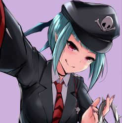 Rule 34 | 1girl, choker, collared shirt, cuffs, duel monster, eld pld, green hair, handcuffs, hat, long sleeves, looking at viewer, necktie, pointy ears, police, red eyes, shirt, solo, tongue, tongue out, yu-gi-oh!