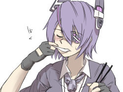 Rule 34 | 1girl, black gloves, blush, checkered clothes, checkered necktie, checkered neckwear, chopsticks, eating, eyepatch, closed eyes, gloves, headgear, highres, kantai collection, necktie, partially fingerless gloves, purple hair, school uniform, short hair, simple background, solo, spoon, sweat, tadd (tatd), tenryuu (kancolle), translation request, utensil in mouth, white background
