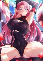 Rule 34 | 1girl, azur lane, bare shoulders, black gloves, blue eyes, blurry, blurry background, breasts, cleavage, clothing cutout, covered navel, cowboy shot, day, duke of york (azur lane), duke of york (prestige of the glorious formula) (azur lane), elbow gloves, garter straps, gloves, gotou fundoshi, huge breasts, large breasts, leotard, long hair, looking at viewer, official alternate costume, outdoors, pink hair, pointy ears, purple leotard, race queen, solo, spread legs, squatting, underboob cutout