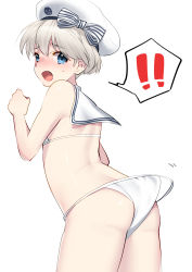 Rule 34 | !, !!, 1girl, akagi kurage, alternate costume, ass, bare arms, bare shoulders, beret, bikini, blue eyes, blush, breasts, clenched hands, cosplay, embarrassed, eyebrows, flat ass, from behind, hat, hat ribbon, highres, kantai collection, looking at viewer, open mouth, ribbon, sailor bikini, sailor collar, sailor hat, short hair, silver hair, small breasts, solo, spoken exclamation mark, swimsuit, thighhighs, unworn bikini bottom, wardrobe malfunction, wavy mouth, white background, white bikini, white hat, z1 leberecht maass (kancolle), z3 max schultz (kancolle), z3 max schultz (kancolle) (cosplay)
