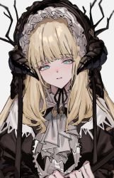 Rule 34 | 1girl, aogisa, arknights, black bow, black bowtie, black dress, blonde hair, blue eyes, bonnet, bow, bowtie, dress, eyebrows, highres, horns, horns through headwear, long hair, looking at viewer, nightingale (an elegy) (arknights), nightingale (arknights), official alternate costume, parted lips, simple background, solo, white background