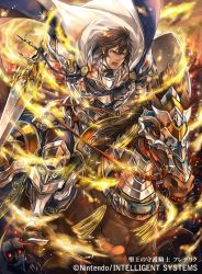 Rule 34 | 1boy, 1girl, armor, armored boots, barding, boots, brown hair, cape, company connection, copyright name, fire emblem, fire emblem awakening, fire emblem cipher, frederick (fire emblem), hagiya kaoru, holding, holding weapon, horse, horseback riding, male focus, manly, nintendo, official art, open mouth, riding, shield, short hair, shoulder armor, sword, weapon