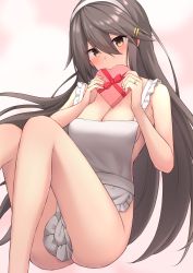 Rule 34 | 1girl, akahi242, apron, black hair, blush, box, breasts, cleavage, feet out of frame, gift, gift box, hair between eyes, hair ornament, hairband, hairclip, haruna (kancolle), heart-shaped box, highres, holding, holding gift, jewelry, kantai collection, large breasts, long hair, naked apron, ring, solo, valentine, wedding band, white apron, white hairband, yellow eyes