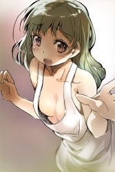 Rule 34 | 1girl, blush, breasts, cleavage, downblouse, green hair, kubocha, long hair, no bra, open mouth, original, small breasts, solo