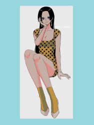 Rule 34 | 1girl, black hair, blue eyes, boa hancock, breasts, commentary request, dress, earrings, english text, full body, gloves, hand on own cheek, hand on own face, happy birthday, hdksz 39, highres, jewelry, large breasts, long hair, looking at viewer, one piece, polka dot, polka dot dress, shoes, simple background, sitting, snake earrings, socks, solo, two-tone background