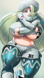 Rule 34 | 1girl, belly, blue eyes, blush, breasts, clothes lift, creatures (company), earrings, female focus, fur hat, fur scarf, game freak, gloves, hat, highres, hip focus, holding, huge breasts, jewelry, large areolae, long hair, long sleeves, looking at viewer, mature female, melony (pokemon), nail polish, nintendo, nipples, no bra, noblood (ryandomonica), pantyhose, parted lips, plump, pokemon, pokemon swsh, puffy nipples, scarf, shiny skin, shirt lift, silver hair, simple background, single glove, smile, solo focus, standing, sweater, thick thighs, thighs, two-tone gloves, undressing, wide hips, winter clothes