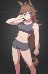 Rule 34 | 1girl, animal ears, bare arms, bare shoulders, black background, black shorts, blue eyes, breasts, brown hair, clenched hand, commentary request, crop top, feet out of frame, hand up, highres, horse ears, large breasts, long hair, midriff, mr. c.b. (umamusume), mukakin, navel, short shorts, shorts, solo, sports bra, standing, stomach, tail, thighs, umamusume, very long hair