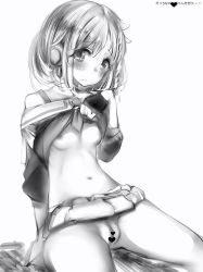 Rule 34 | 1girl, bad id, bad pixiv id, blush, breasts, closed mouth, clothes lift, embarrassed, fingerless gloves, gloves, greyscale, headphones, highres, lifted by self, looking at viewer, monochrome, nanashi (nlo), necktie, nipples, no panties, pussy, shirt lift, short hair, short necktie, simple background, sitting, skirt, small breasts, solo, virtual youtuber, white background, yuni (yuni channel), yuni channel