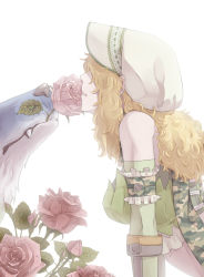 Rule 34 | 1girl, blonde hair, bonnet, camouflage, camouflage scarf, closed mouth, commentary request, crop top, detached sleeves, dew drop, flower, flower in mouth, green shirt, green sleeves, leaning forward, medium hair, pink flower, ragnarok online, ranger (ragnarok online), rose, shirt, simple background, solo, susukinohukurou, upper body, water drop, white background, white headwear, wolf