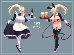 Rule 34 | 1girl, abs, absurdres, alcohol, animal ears, apron, beer mug, bell, blonde hair, blue eyes, blush, bottle, breasts, buttslayer, cleavage, commentary, commission, cowbell, cup, drinking glass, ear tag, elf, english commentary, fake animal ears, full body, gloves, grin, hair between eyes, heart maebari, heart pasties, highres, holding, holding tray, huge breasts, leash, long hair, long sleeves, looking at viewer, maebari, maid, maid apron, maid headdress, meme attire, mug, multiple views, muscular, muscular female, navel, neck bell, original, pantyhose, pasties, pointy ears, ponytail, pout, rabbit ears, reverse bunnysuit, reverse outfit, smile, standing, teeth, tray, wine bottle, wine glass