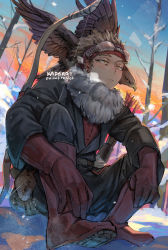 Rule 34 | 1boy, artist name, belt, bird, black jacket, black pants, blonde hair, boku no hero academia, branch, breath, closed mouth, earrings, full body, fur trim, gloves, goggles, goggles on head, hawk, hawks (boku no hero academia), jacket, jewelry, kadeart, looking afar, male focus, pants, parted lips, pouch, quiver, red footwear, red gloves, red shirt, shirt, sitting, sky, snow, solo, spread legs, sunset, symbol-only commentary, thick eyebrows, tree, wide sleeves, wing bow, winter, yellow eyes