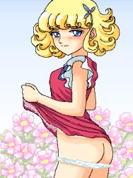 Rule 34 | 1970s (style), 1girl, aliasing, ass, blonde hair, blue eyes, blush, clothes lift, dress, dress lift, embarrassed, flower, flower angel, gradient background, hair ornament, hairclip, hana no ko lunlun, lifting own clothes, looking at viewer, lowres, lunlun, oekaki, oldschool, panties, panty pull, polka dot, polka dot panties, retro artstyle, simple background, solo, tagme, underwear, wavy hair