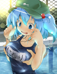 Rule 34 | 1girl, blue eyes, blue hair, blush, breasts, collarbone, fence, flanvia, grabbing, grabbing another&#039;s breast, hair bobbles, hair ornament, hat, highres, jewelry, kawashiro nitori, key, large breasts, lens flare, matching hair/eyes, necklace, one-piece swimsuit, open mouth, pool, school swimsuit, skindentation, solo focus, sun, swimsuit, touhou, twintails, two side up, water, wavy mouth