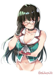 Rule 34 | 1girl, bare shoulders, black gloves, black hair, blush, breasts, choukai (kancolle), choukai kai ni (kancolle), closed mouth, ebifurya, glasses, gloves, highres, kantai collection, large breasts, long hair, looking at viewer, navel, one eye closed, simple background, smile, solo, twitter username, white background