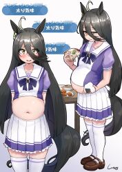 Rule 34 | 1girl, ahoge, animal ears, arms behind back, big belly, blush, brown footwear, closed mouth, commentary request, commission, cowboy shot, food, full body, full stomach, furrowed brow, hair between eyes, highres, horse ears, long bangs, long hair, looking at viewer, manhattan cafe (umamusume), multiple views, navel, onigiri, parted lips, pizza, plate, pleated skirt, purple shirt, sailor collar, shigekikkusu, shirt, shoes, short sleeves, signature, skeb commission, skirt, standing, table, tail, thighhighs, translation request, umamusume, yellow eyes, zettai ryouiki