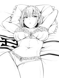 Rule 34 | 1girl, arms up, bra, braid, breasts, breasts apart, crown braid, frilled bra, frilled panties, frilled pillow, frills, greyscale, hair between eyes, hololive, large breasts, looking away, looking to the side, lying, monochrome, navel, noise (tsuzuki), on back, panties, parted lips, pillow, shirogane noel, short hair, solo, stomach, toned, underwear, underwear only, virtual youtuber