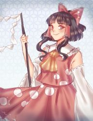 Rule 34 | &gt;:), 1girl, ascot, black hair, blunt bangs, blurry, blush, bow, brown eyes, cowboy shot, depth of field, detached sleeves, frilled shirt collar, frills, gohei, hair bow, hair tubes, hakurei reimu, highres, large bow, lips, looking at viewer, medium hair, mosaic background, orz (kagewaka), paw print, short hair with long locks, skirt, skirt set, smile, solo, touhou, v-shaped eyebrows, wily beast and weakest creature, yellow ascot
