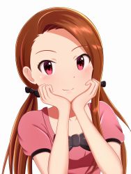 Rule 34 | 1girl, bad id, bad pixiv id, black bow, black neckwear, blush, bow, brown hair, closed mouth, collarbone, hair bow, highres, idolmaster, idolmaster (classic), long hair, looking at viewer, low twintails, minase iori, pink shirt, red eyes, runmo77, shirt, short sleeves, simple background, smile, solo, twintails, upper body, very long hair, white background