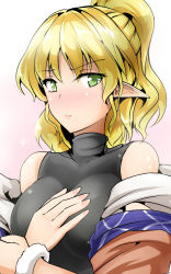 Rule 34 | 1girl, alternate hairstyle, blonde hair, breasts, female focus, green eyes, hand on own chest, highres, large breasts, looking at viewer, mizuhashi parsee, off shoulder, pointy ears, ponytail, shirt, solo, touhou, undershirt, upper body, y2