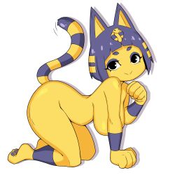 Rule 34 | 1girl, absurdres, animal crossing, animal ears, ankha (animal crossing), black eyes, blue hair, breasts, cat, cat ears, cat girl, cat tail, furry, furry female, highres, large breasts, looking at viewer, meme, nintendo, nude, original, paw pose, potatoartox, short hair, simple background, smile, solo, tail