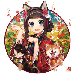 Rule 34 | 1girl, :d, animal, animal ears, blue eyes, blunt bangs, blush, brown hair, chinese zodiac, clothed animal, clothes writing, dog, dog ears, floral background, floral print, flower, hair bun, hair flower, hair ornament, hands up, japanese clothes, kimono, long sleeves, looking at viewer, obi, open mouth, original, outside border, paw pose, red flower, red kimono, rope, sakura yuki (clochette), sash, shiba inu, shimenawa, short hair with long locks, sidelocks, single hair bun, smile, solo, tareme, tassel, tongue, tongue out, upper body, whiskers, white flower, wide sleeves, year of the dog