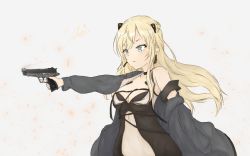 Rule 34 | 1girl, alternate costume, artist name, bad id, bad pixiv id, black dress, blonde hair, blue eyes, blush, breasts, cleavage, closed mouth, clothes pull, clov3r, daewoo k5, dress, earrings, girls&#039; frontline, grey jacket, gun, handgun, holding, holding gun, holding weapon, jacket, jacket pull, jewelry, k5 (girls&#039; frontline), long hair, looking away, medium breasts, open clothes, open jacket, petals, simple background, solo, weapon, white background