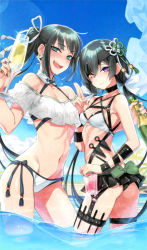 Rule 34 | 2girls, :d, @ @, absurdres, alcohol, alternate hairstyle, aqua eyes, ass, back bow, bikini, black bikini, black bow, black hair, black neckwear, blush, bottle, bow, breasts, choker, closed mouth, cowboy shot, craft essence (fate), cropped, cup, day, drinking glass, drunk, fate/grand order, fate (series), fingernails, green bow, green nails, groin, hair bow, heterochromia, highres, holding, holding cup, holster, jing ke (fate), kunai, lens flare, long hair, looking at viewer, low twintails, mochizuki chiyome (fate), multiple girls, nail polish, navel, non-web source, official art, open mouth, outdoors, ponytail, purple eyes, saitou hiroki, scan, side-tie bikini bottom, sky, small breasts, smile, snake tattoo, standing, swimsuit, tattoo, thigh holster, twintails, wading, water, water shine, weapon, white bikini, white bow, wine bottle, yellow eyes