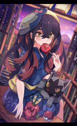 Rule 34 | 1girl, black hair, blush, candy, candy apple, carmine (pokemon), creatures (company), crossed bangs, dipplin, eyelashes, food, game freak, gen 3 pokemon, hair between eyes, highres, holding, holding candy, holding food, japanese clothes, jinbei (clothes), lantern, long hair, looking at viewer, mask, mask on head, mole, mole under eye, multicolored hair, nintendo, paper lantern, poke ball, pokemon, pokemon (creature), pokemon sv, poochyena, red hair, sitting, two-tone hair, umiru, yellow eyes