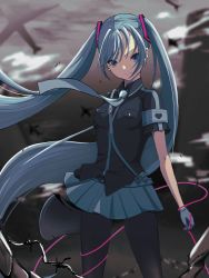 Rule 34 | 1girl, aqua eyes, aqua hair, cable, closed mouth, francium76, hatsune miku, highres, holding, long hair, looking at viewer, miniskirt, outdoors, pantyhose, shirt, skirt, solo, standing, twintails, very long hair, vocaloid