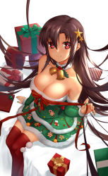 1girl, absurdres, arm support, bangs, bare shoulders, bell, neck bell, blush, bow, breasts, brown hair, candy, candy cane, chilunchilun, choker, christmas, christmas ornaments, cleavage, collarbone, crossed ankles, detached sleeves, dress, floating hair, food, from above, fur-trimmed dress, fur-trimmed sleeves, fur trim, gift, girls frontline, green nails, hair ornament, highres, holding, holding ribbon, large breasts, layered dress, long hair, long sleeves, looking at viewer, multicolored, multicolored clothes, multicolored dress, nail polish, pinching, purple eyes, red legwear, red nails, ribbon, ribbon choker, short-dress, sitting, smile, solo, star (symbol), star hair ornament, strapless, strapless dress, thighhighs, thighs, type 64 (girls frontline), very long hair, zettai ryouiki